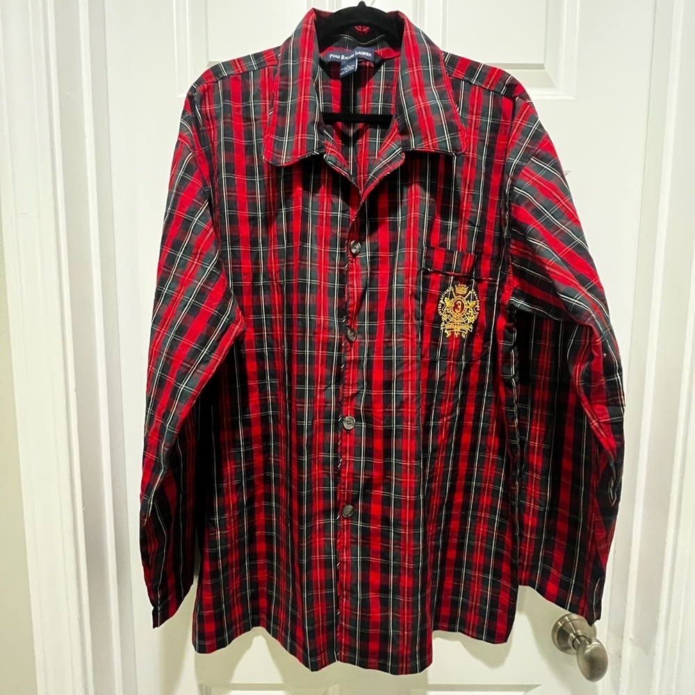 POLO Ralph Lauren Christmas Red Tartan Plaid Cotton Pajama Top Nightshirt button